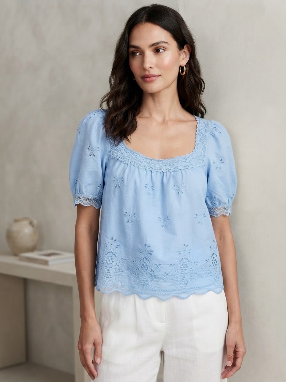 Light Blue Eyelet Lace Square-Neck Blouse